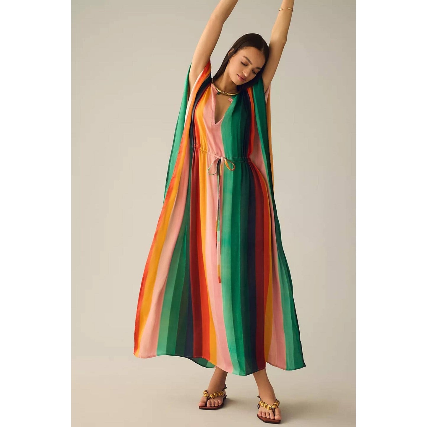 Colorful Striped Tie Waist Kaftan Dress