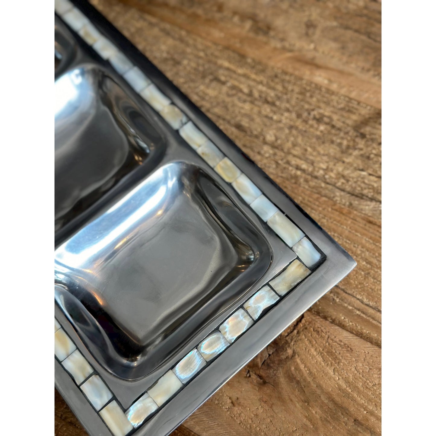 Aluminum Divided Condiment Tray with Mother Of Pearl Inlay