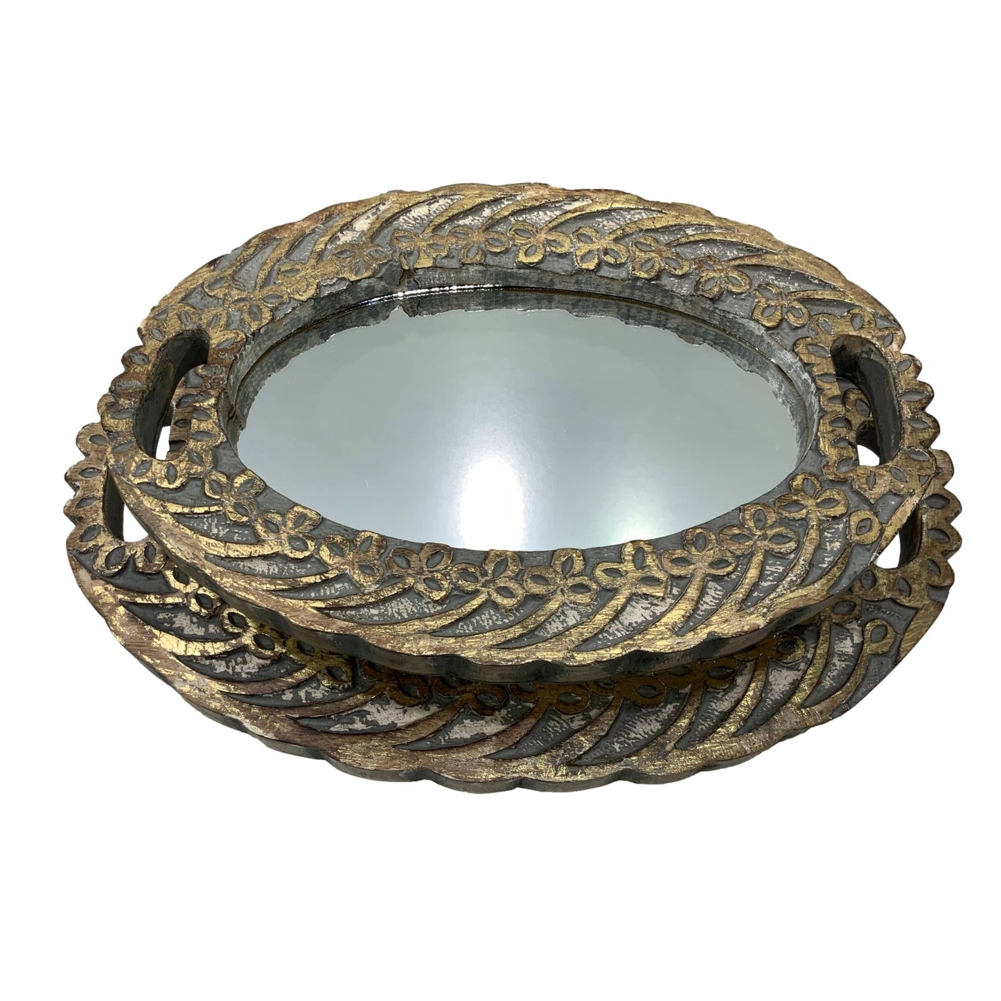 Carved Wood Vanity Mirrored Trays: Greywashed/Gold Patina