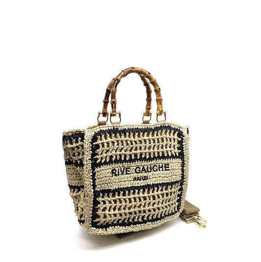 Crochet Noir Handbag With Bamboo Handles