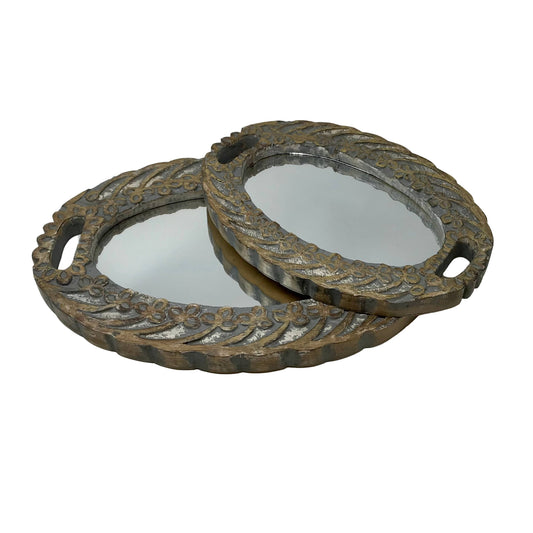 Carved Wood Vanity Mirrored Trays: Greywashed/Gold Patina