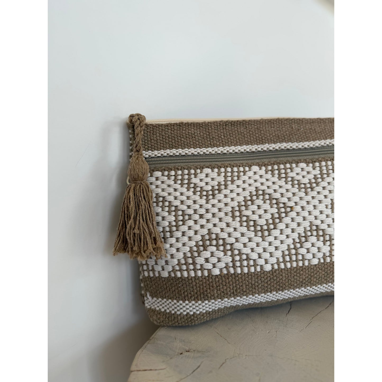 Taupe Hand Woven Zipper Pouch