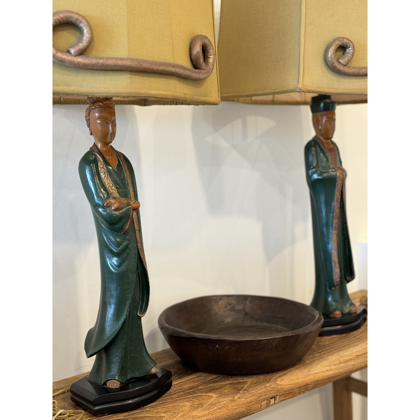 Vintage Carved Chinese Figure Table Lamp Pair