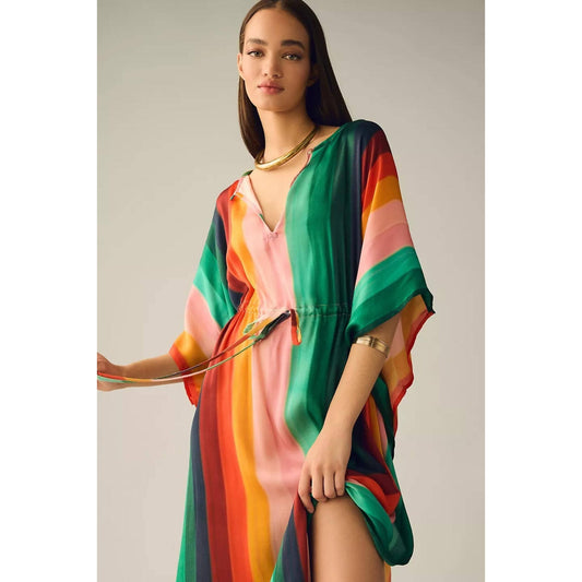 Colorful Striped Tie Waist Kaftan Dress