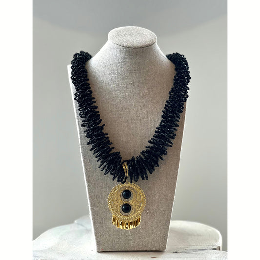 Black Beaded Medallion Necklace